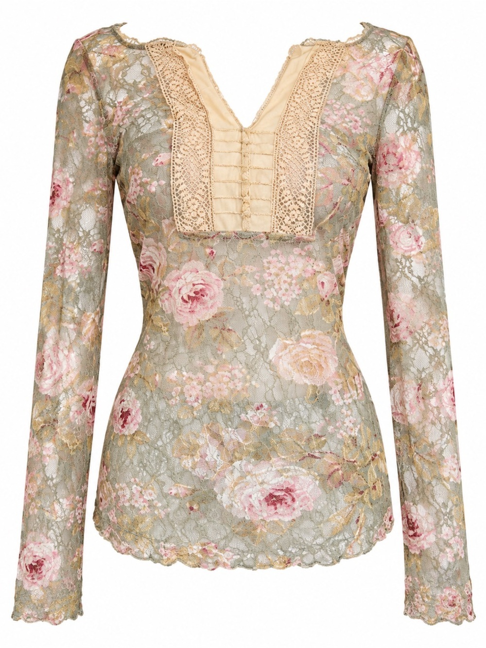 Denim & Supply Ralph Lauren Sheer Floral Lace Button Top Women's S Green Boho